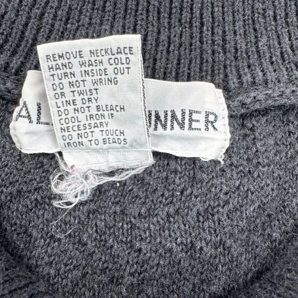 VTG Alfred Dunner‎ Womens Gray Chevron Textured Knit Beaded Polo Sweater Top L